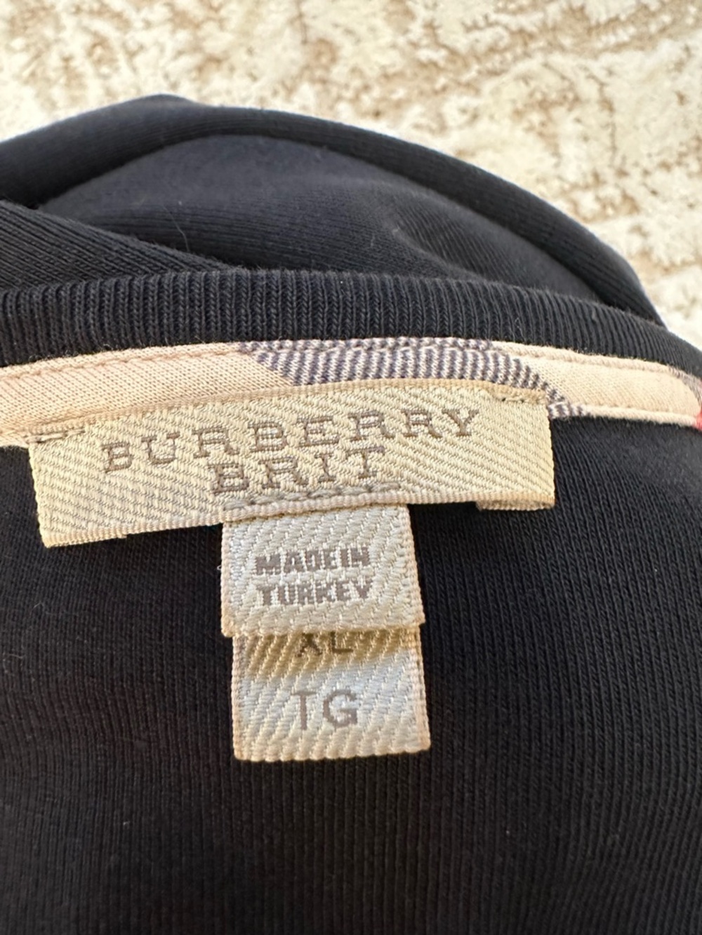 Burberry Brit Black 3/4 Sleeve Top Nova Check Cuffs Scoop Neck Stretch Tee XL - Picture 7 of 8